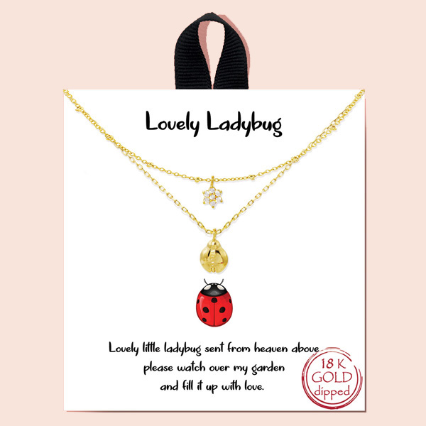 90330_Gold, clear " Lovely ladybug" 18K Gold dipped, double layered dainty necklace